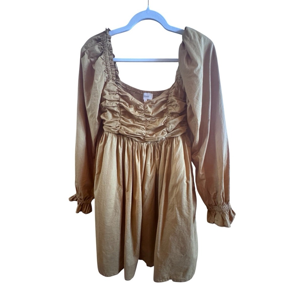 Bohme Ellison Peasant Mustard Yellow Ruched Smocked S Mini Dress Flared Skirt